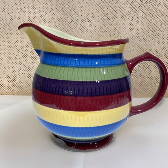 Longaberger Hand Painted Striped Pitcher Bright Multi Color Stripe Large 2 Quart - Picture 1 of 13